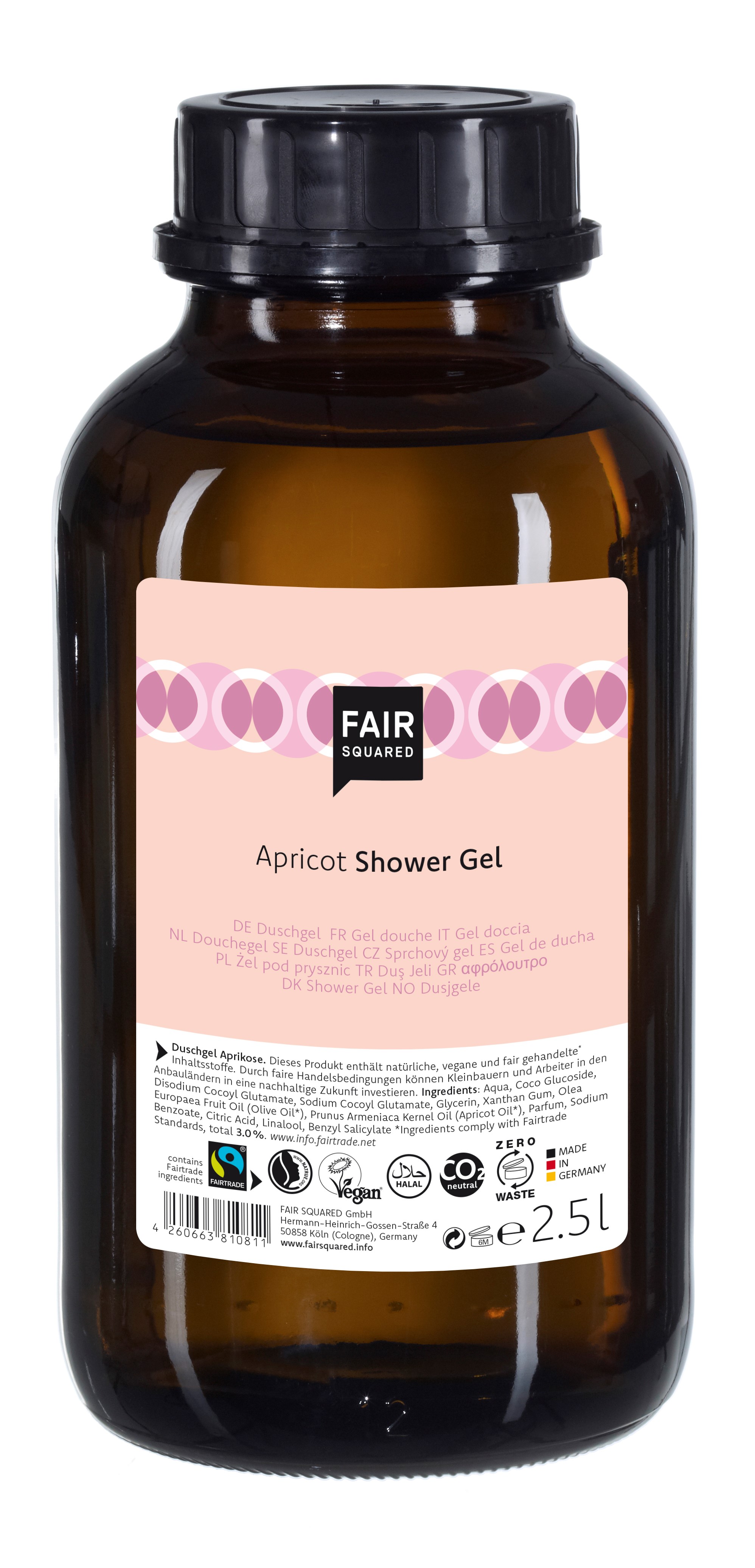 Se FAIR SQUARED - Storkøb 2,5 Liter Flydende økologisk Shower Gel med Apricot hos Organic Beauty Supply