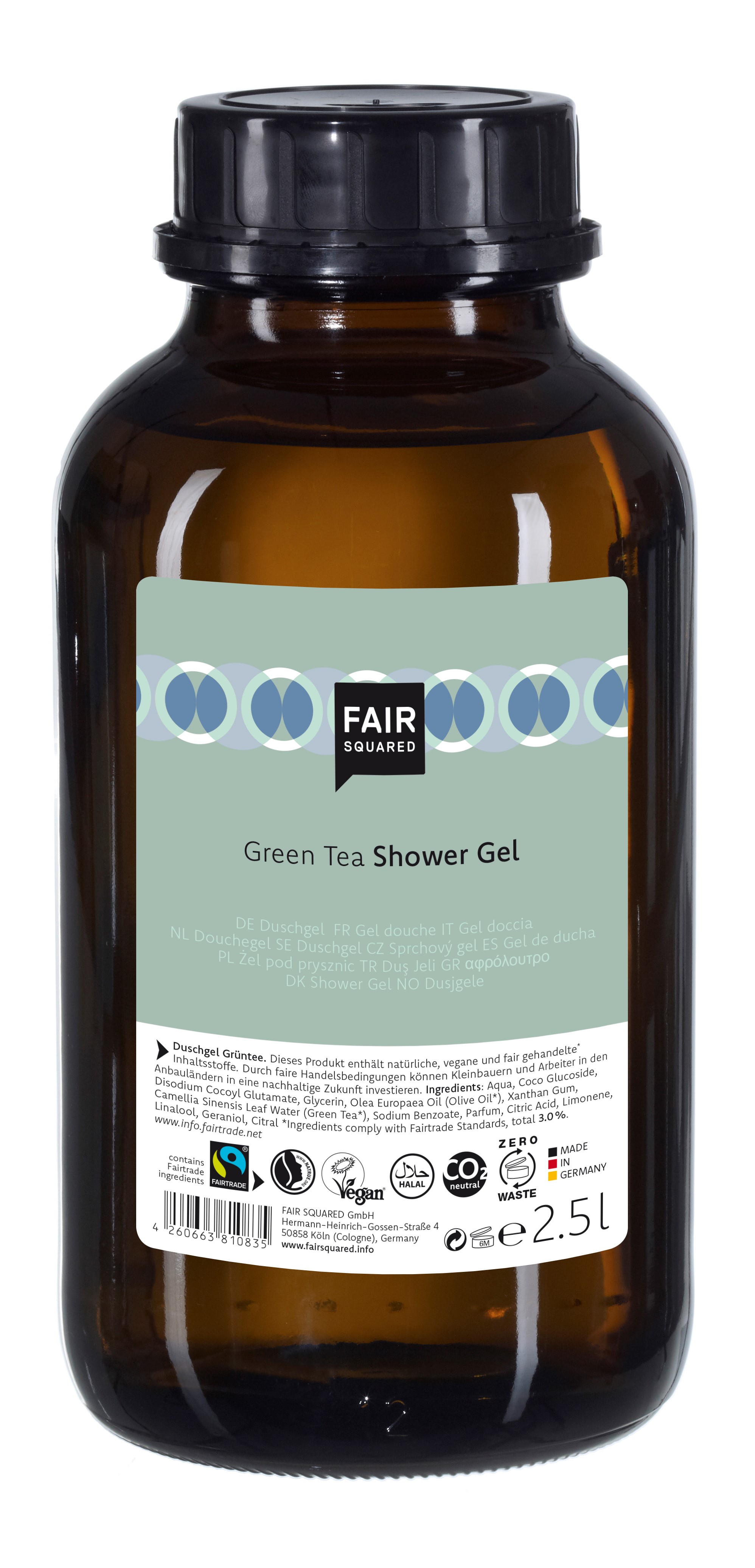 Se FAIR SQUARED - Storkøb 2,5 Liter Flydende økologisk Shower Gel med Green Tea hos Organic Beauty Supply