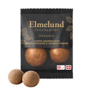 Elmelund Chocolatier - Biologische dropballetjes met witte chocolade en zoethoutpoeder 13g