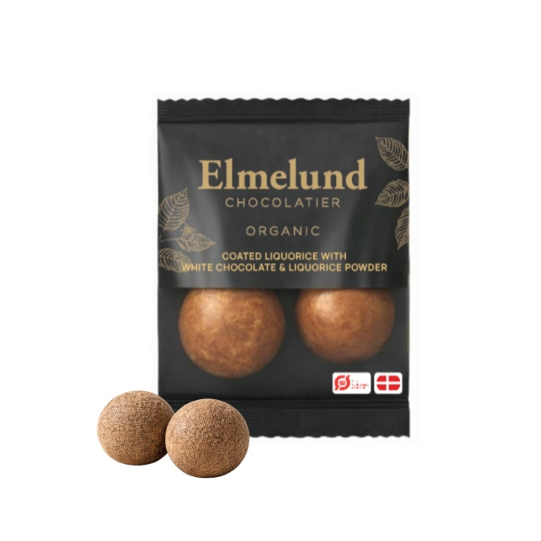 Elmelund Chocolatier - Biologische dropballetjes met witte chocolade en zoethoutpoeder 13g