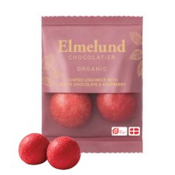 Elmelund Chocolatier - Biologische dropballetjes met witte chocolade en frambozen 13g