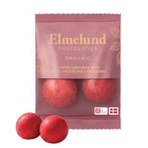 Elmelund Chocolatier - Biologische dropballetjes met witte chocolade en frambozen 13g