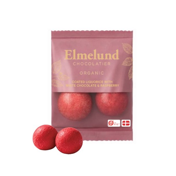 Elmelund Chocolatier - Biologische dropballetjes met witte chocolade en frambozen 13g