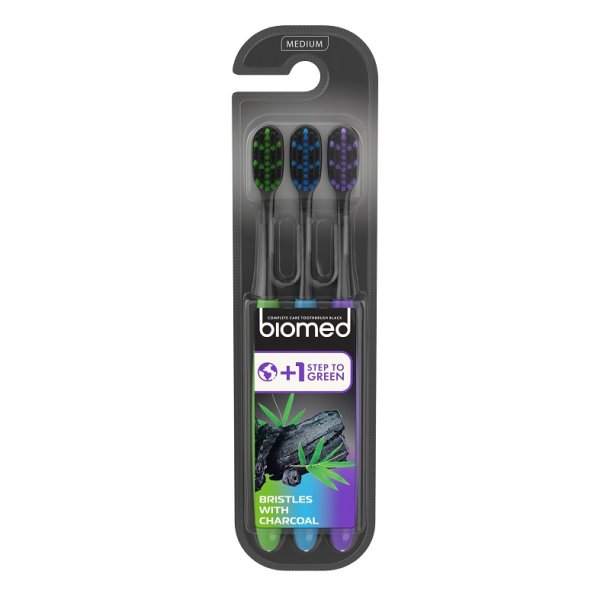 biomed - 3-pack Toothbrushes medium with charcoal 