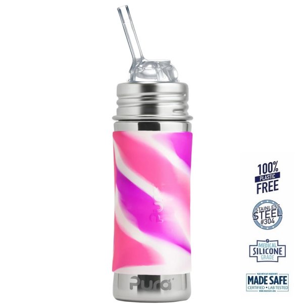 Pura - Kiki Straw Baby Sutteflaske 6+ mdr. Pink | Rosa | Hvid 325ml - Fast flow