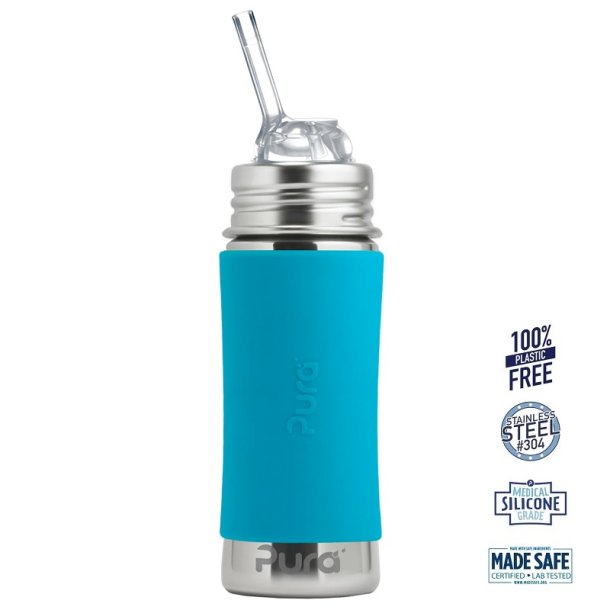 Pura - Kiki Straw Baby Sutteflaske 6+ mdr. Aqua 325ml - Fast flow