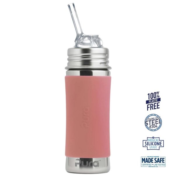 Pura - Kiki Straw Baby Sutteflaske 6+ mdr. Rosa 325ml - Fast flow