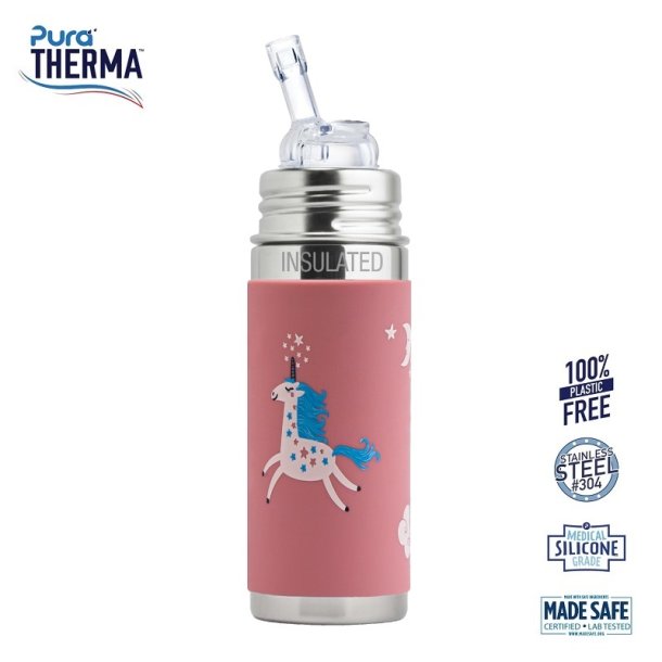 Pura - Therma Kiki Straw Baby Sutteflaske 6+ mdr. Enhjrning 260ml - Fast flow