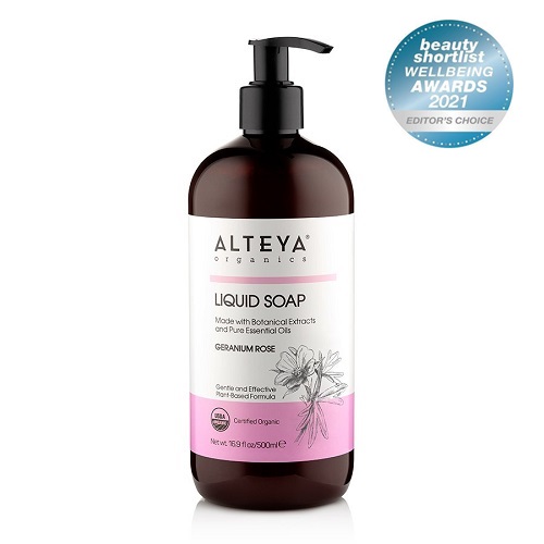Se Alteya Organics - Økologisk Flydende Sæbe - Geranium & Rose 500ml hos Organic Beauty Supply