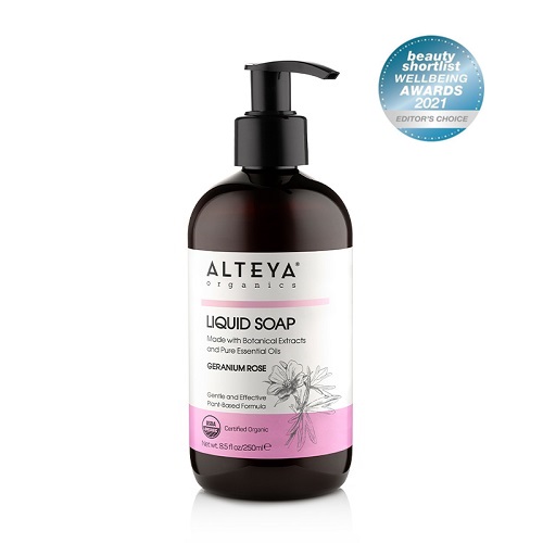 Se Alteya Organics - Økologisk Flydende Sæbe - Geranium & Rose 250ml hos Organic Beauty Supply