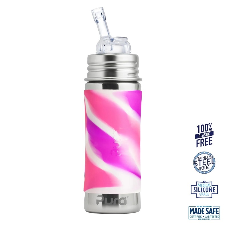 Pura® - Kiki Straw Baby Sutteflaske 6+ mdr. Pink | Rosa | Hvid 325ml - Fast flow