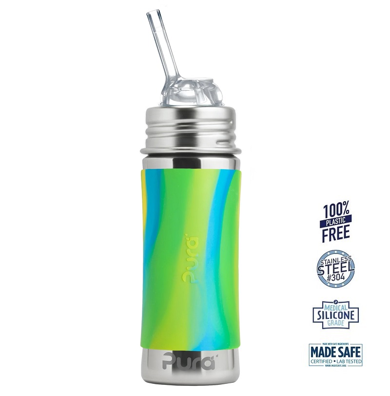 Pura® – Kiki Straw Baby Sutteflaske 6+ mdr. Mint | Moss | Aqua 325ml – Fast flow