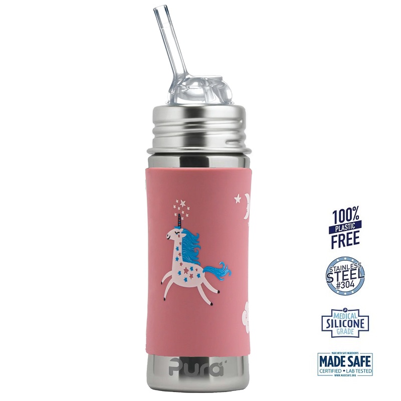Pura® - Kiki Straw Baby Sutteflaske 6+ mdr. Enhjørning 325ml - Fast flow